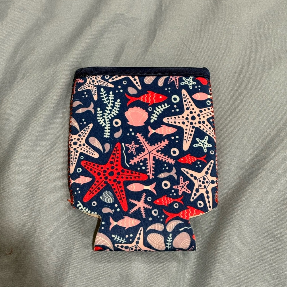 Navy Starfish and Fish Print Can Coozie